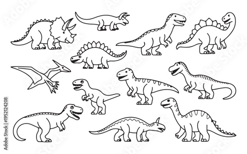 A group of various dinosaur species are shown in simple black and white outline illustrations