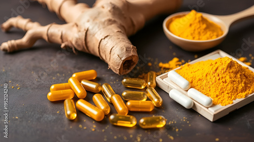 Turmeric Root and Capsules with Powder on Table