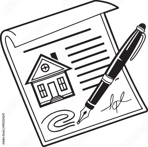 Premium black silhouette vector of real estate contract document with pen, modern minimalist legal property icon design