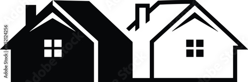 Black and white residential house icon set featuring two suburban home silhouettes with windows and chimneys for real estate and property logo design concepts.