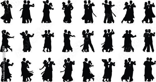 Black silhouettes of couples dancing ballroom waltz and tango on white background