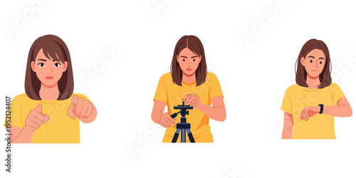 Young woman's actions and gestures, from left to right aggressive, setting up equipment, and checking time