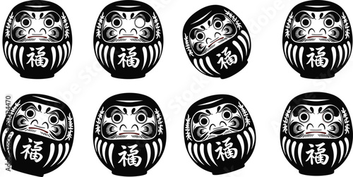 Collection of eight black and white Daruma dolls with white Japanese characters and red accents