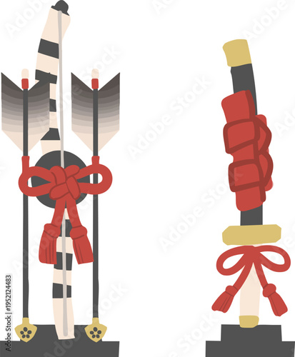 赤い弓と太刀の飾り こどもの日・端午の節句の和風ベクターイラスト