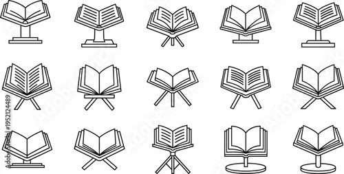Collection of line depicting an open book on a stand book stand lectern reading