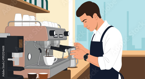 Male barista in a white shirt and black apron carefully preparing coffee using a professional espresso machine.