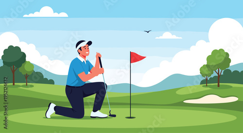Professional golfer kneeling on the green next to a red flag while reading the line for a putt on a sunny day.
