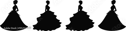 Four black silhouettes of women in ball gowns on white background woman female girl