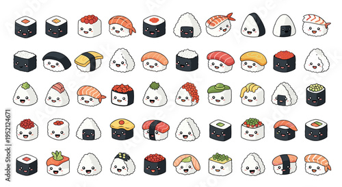 Large grid featuring a variety of adorable sushi and onigiri characters with different toppings and smiling faces.