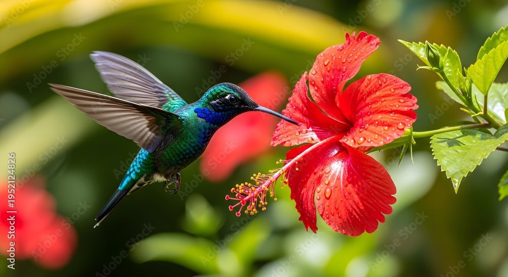Obraz premium Hummingbird and Hibiscus: A vibrant hummingbird hovers near a scarlet hibiscus flower, showcasing the beauty of nature's delicate balance and pollination.