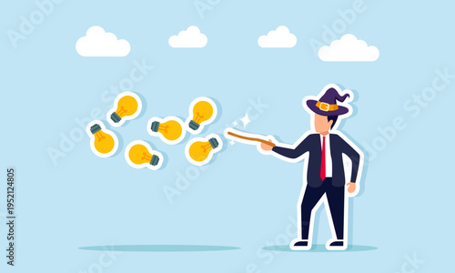 Businessman like magician using wand to create multiple light bulbs illustration of generating creative business ideas