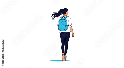 Back view of a young woman with a long ponytail and a blue backpack walking forward toward an unknown destination.