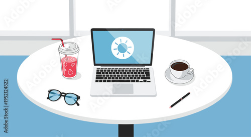 Workspace setup on a white round table featuring a laptop with a sun icon, coffee cup, iced drink, and eyeglasses.