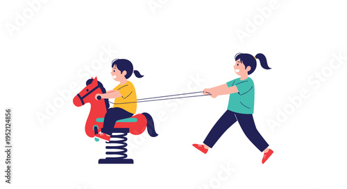 Two young girls having fun together while playing with a red spring rocking horse at a community playground or park.