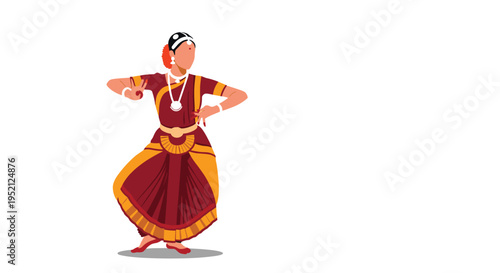 Professional female dancer performs traditional Indian classical bharatanatyam in an elegant maroon and gold sari costume.