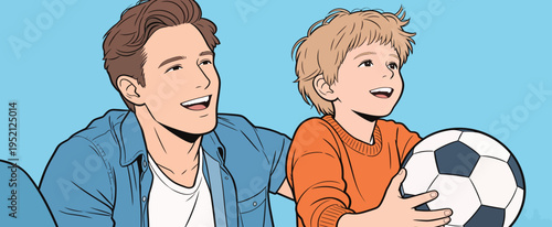 Father and son enjoying time together playing soccer on a sunny afternoon in a cheerful atmosphere