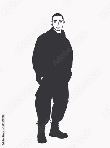 Figure stands in simple outfit with hands in pockets in a minimalist style against a plain background