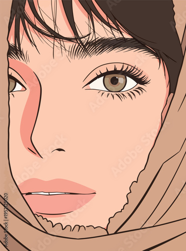 Woman wearing a hijab looks directly at the viewer with a serious expression in a simple setting during daylight