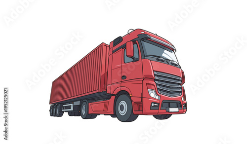 Large red truck with a container parked on the road in bright daylight during the afternoon hours near a busy area in a city