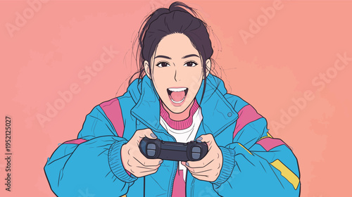 Person holds game controller and smiles while playing video game in colorful jacket against pink background