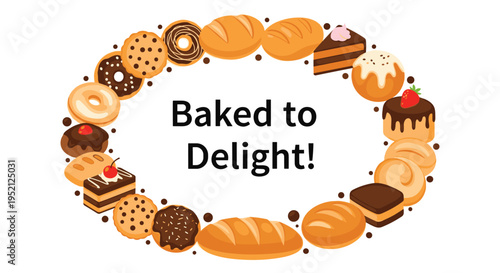 Delicious variety of fresh breads, donuts, and cakes arranged in an oval frame around the text baked to delight.
