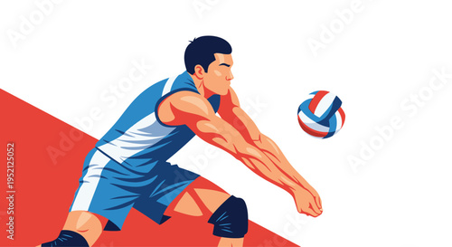 Professional male volleyball player in a blue uniform dives to bump the ball during an intense sports match.
