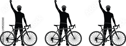 Black silhouette of a male cyclist standing with road bike raising fist in victory, three identical athletic figures celebrating sports achievement on white background. (24 words)