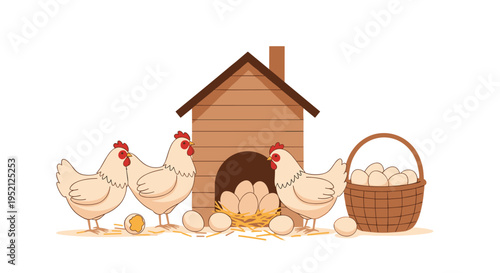Three white hens and many fresh brown eggs are gathered in front of a small wooden chicken coop and woven basket.