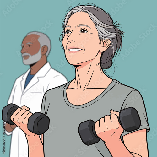 Senior woman exercises with dumbbells while a man in a lab coat observes and offers encouragement in a fitness setting