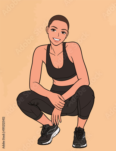 Woman in active wear squatting with a smile in a simple background during a workout session