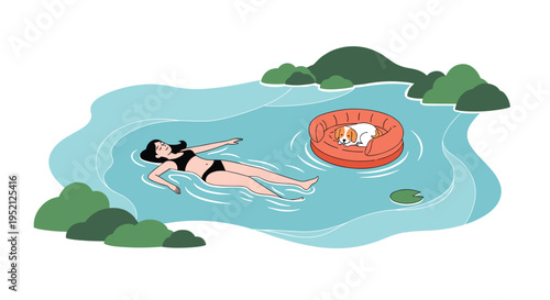 Relaxing scene of a woman floating in a serene lake while her dog rests nearby on a red inflatable ring under a blue sky.