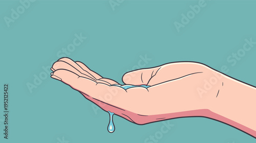 Hand holds water drops in clean setting during daytime for hygiene or health purposes