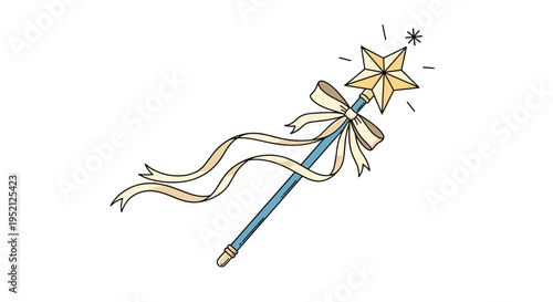 Magical golden wand with a star on top and a flowing beige ribbon bow isolated on a clean white background.