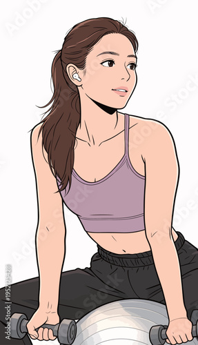 Woman exercising with weights on a fitness ball in a gym setting during daytime hours