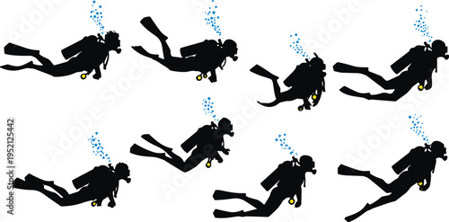Scuba diver silhouettes underwater diving positions set, marine adventure sport with oxygen tank and fins, underwater exploration vector illustration