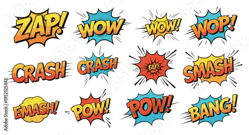 Comprehensive set of vibrant comic book speech bubbles and starburst explosions with action words like zap, wow, and crash.