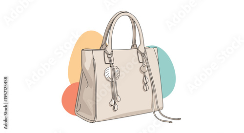 Elegant beige leather handbag with decorative charms and handle detail displayed on an abstract colorful background.