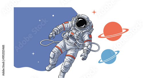 Astronaut floating in the vastness of outer space near colorful rings, planets, and stars in a retro pixel art style.