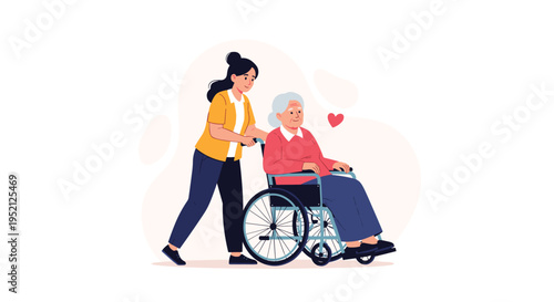 Caring young woman pushing an elderly person in a wheelchair with a red heart icon showing love, compassion, and support.