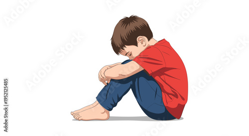 Lonely and sad young boy sitting on the ground with his head down on his knees in a simple illustration style.