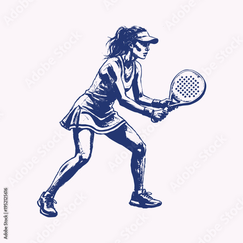 Dynamic Female Padel Racket Player in Ink Splash Sketch Style – Action Sports Illustration