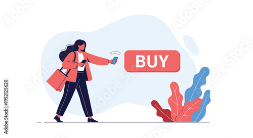 Young woman walking and making a purchase using her mobile phone with a large red buy button and autumn leaves.