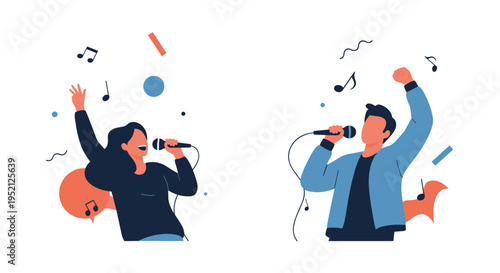 Man and woman singing karaoke with passion into microphones surrounded by musical notes and vibrant abstract shapes.