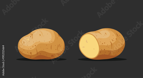Two brown potatoes with one being sliced in half to show the yellow interior flesh against a dark gray background.