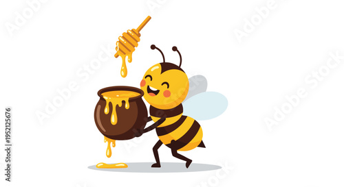 Cheerful honey bee holding a pot of honey with a wooden dipper dripping sweet golden liquid on a white background.