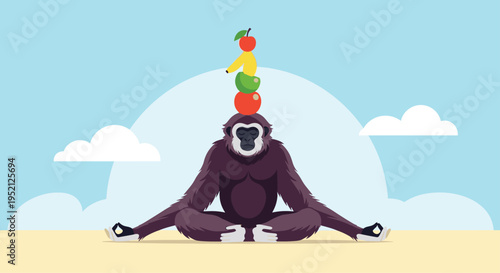 Gorilla sitting in a zen yoga pose with a stack of fruit balanced on its head against a blue sky with soft white clouds.