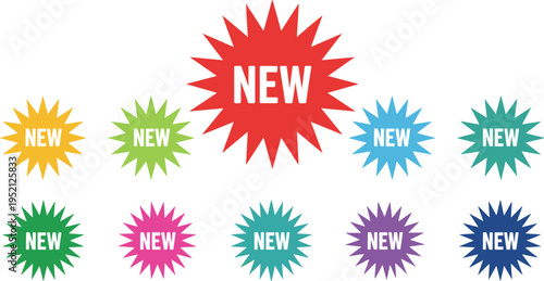 Set of colorful starburst burst stickers with new text isolated on white background for marketing promotions, retail sales, and advertising product launches