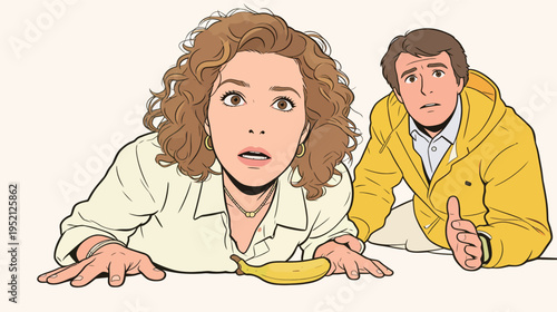 Two people on ground looking surprised at banana during unexpected moment in urban setting