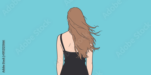 Woman with long hair standing against a blue background in a simple outfit during a bright day