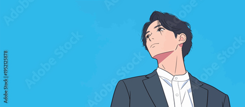 Young man in a suit looking upwards against a bright blue sky during afternoon hours in an outdoor setting